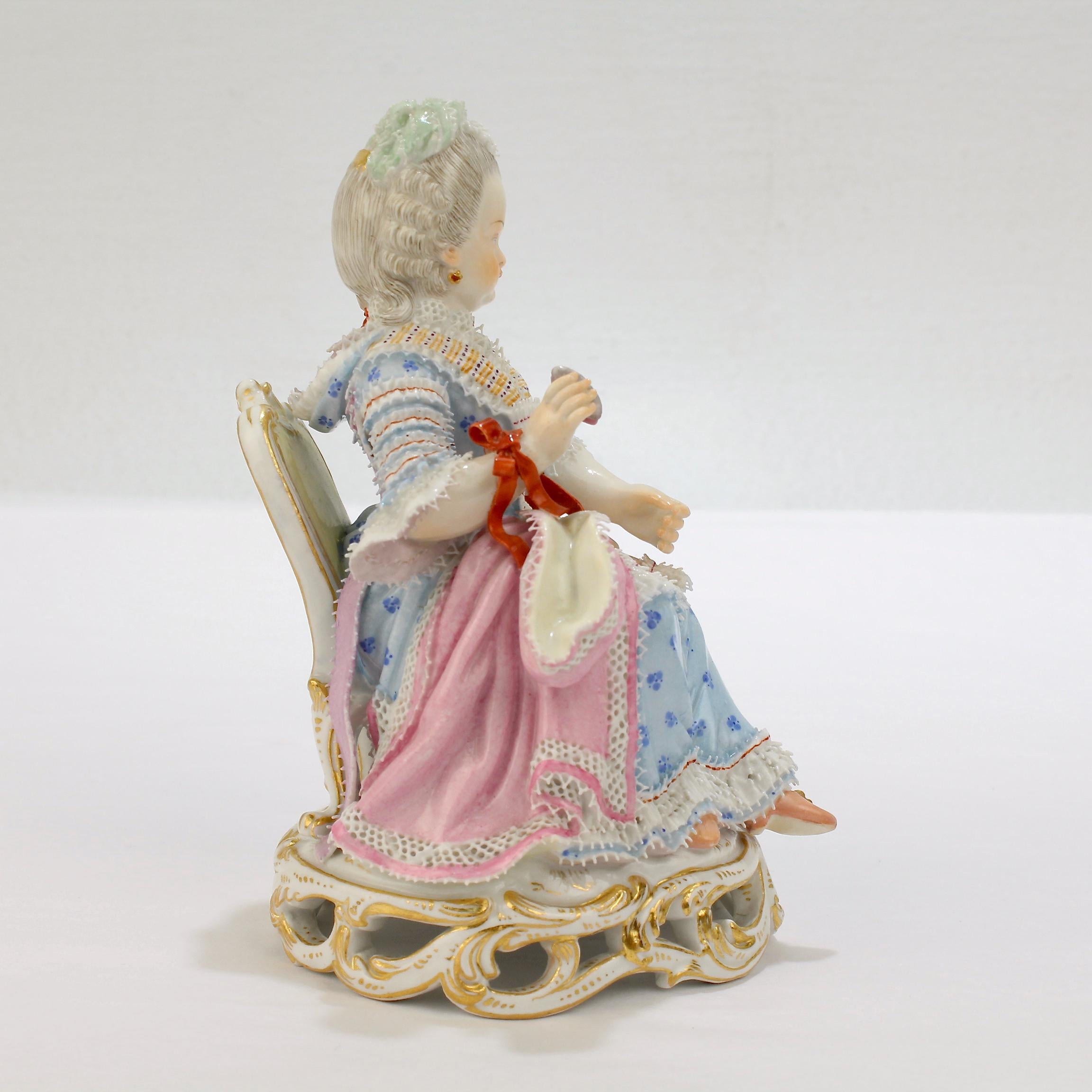 Rococo Antique Meissen Porcelain Figurine of a Girl with a Thread Winder Model No. C 28