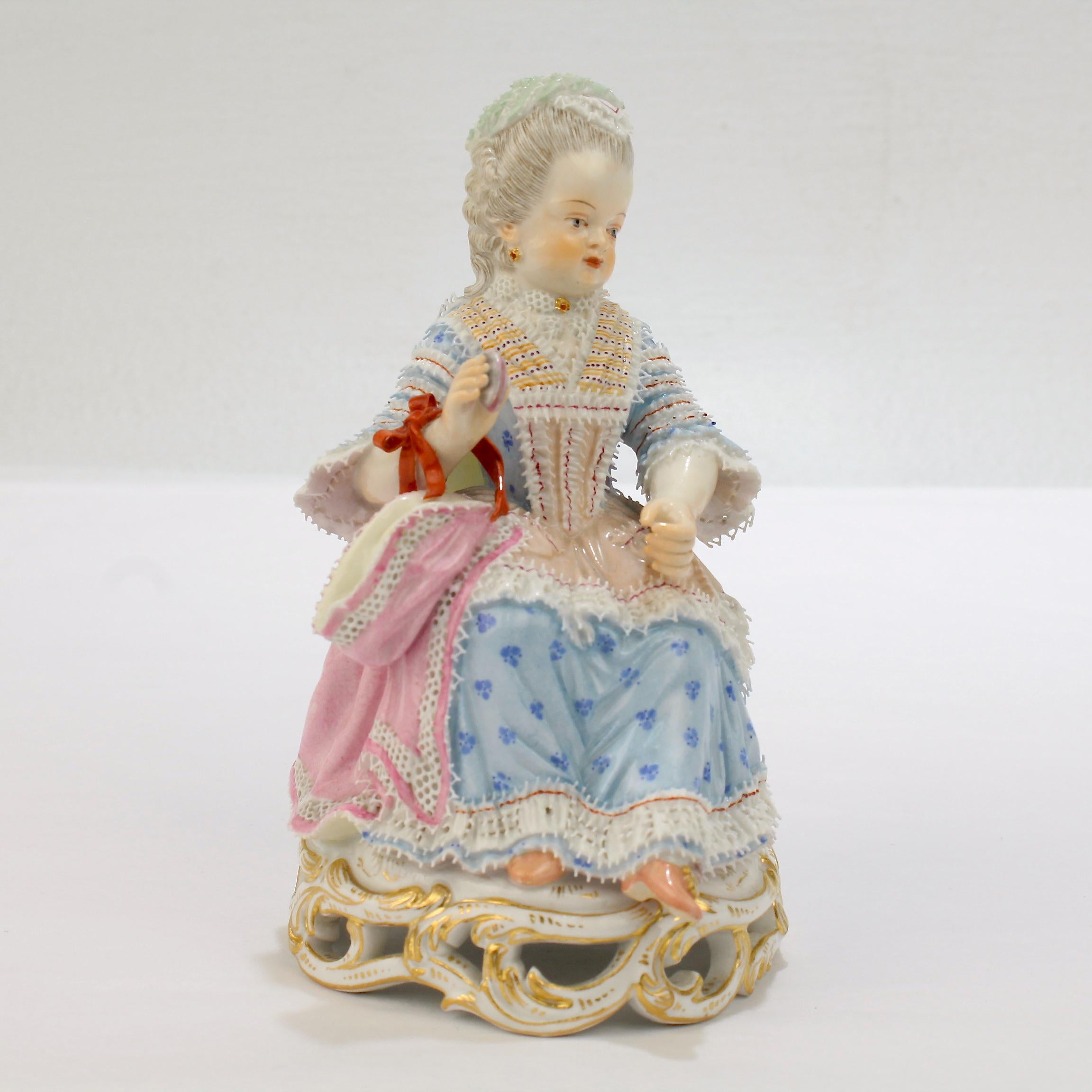 German Antique Meissen Porcelain Figurine of a Girl with a Thread Winder Model No. C 28