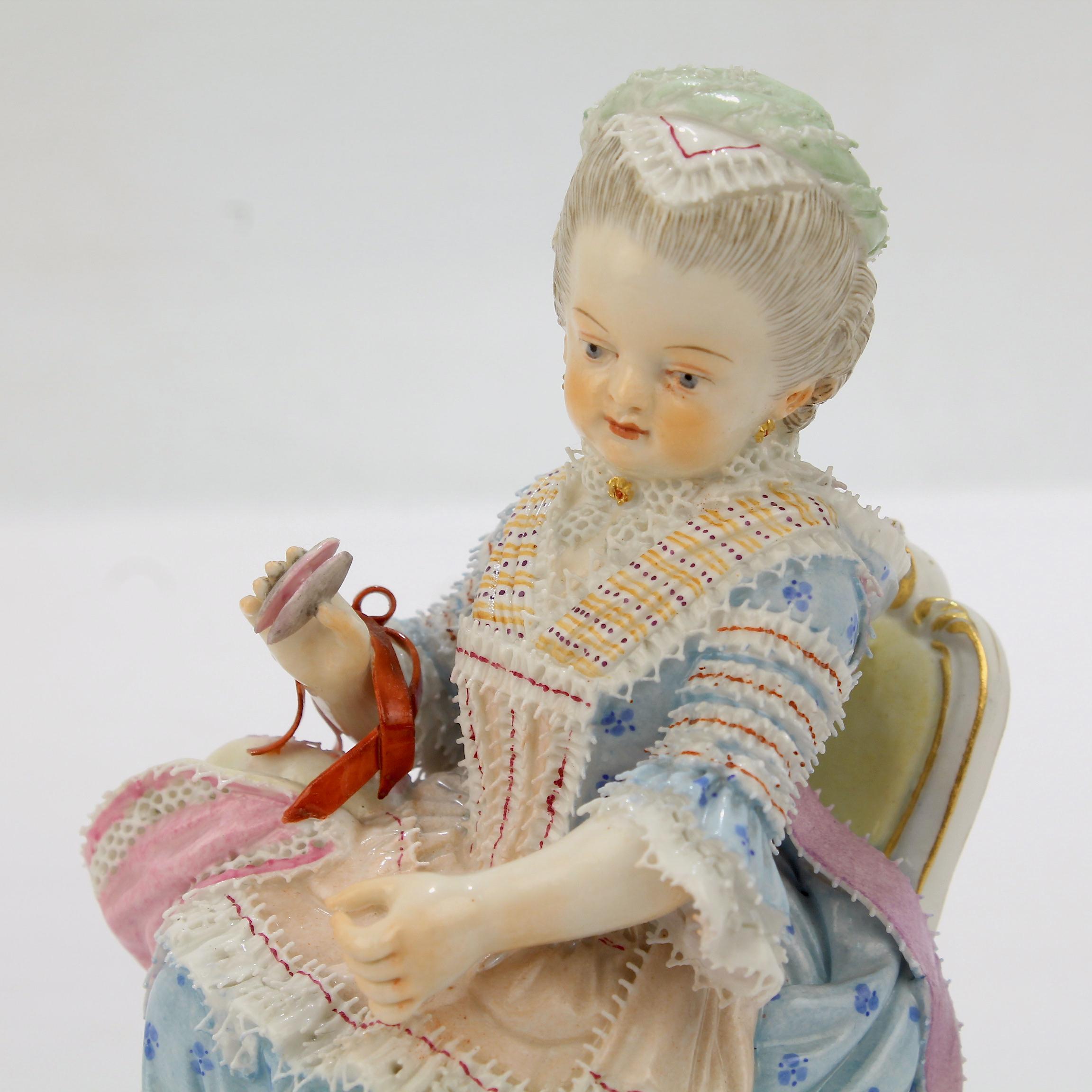 Antique Meissen Porcelain Figurine of a Girl with a Thread Winder Model No. C 28 In Good Condition In Philadelphia, PA