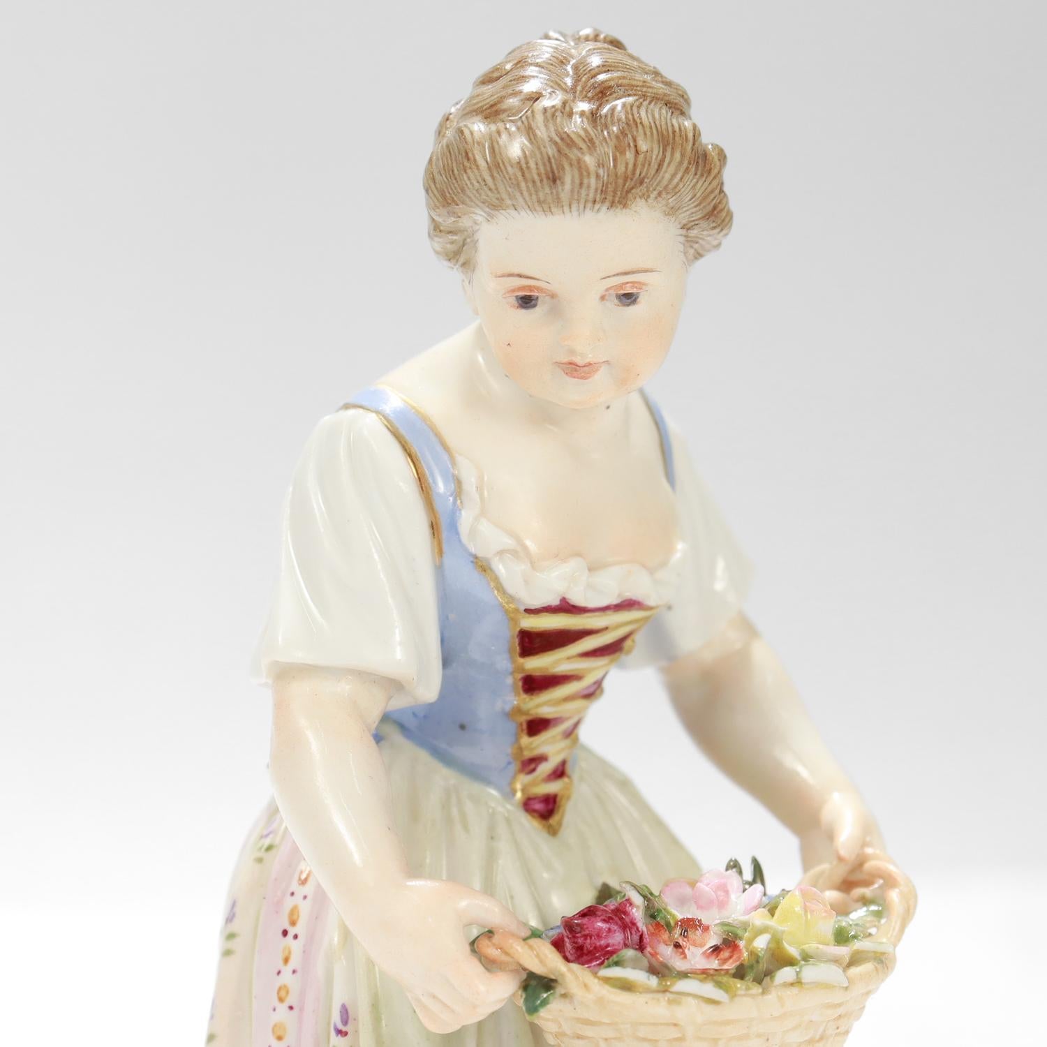 Rococo Revival Antique Meissen Porcelain Figurine of a Girl with Flower Basket For Sale