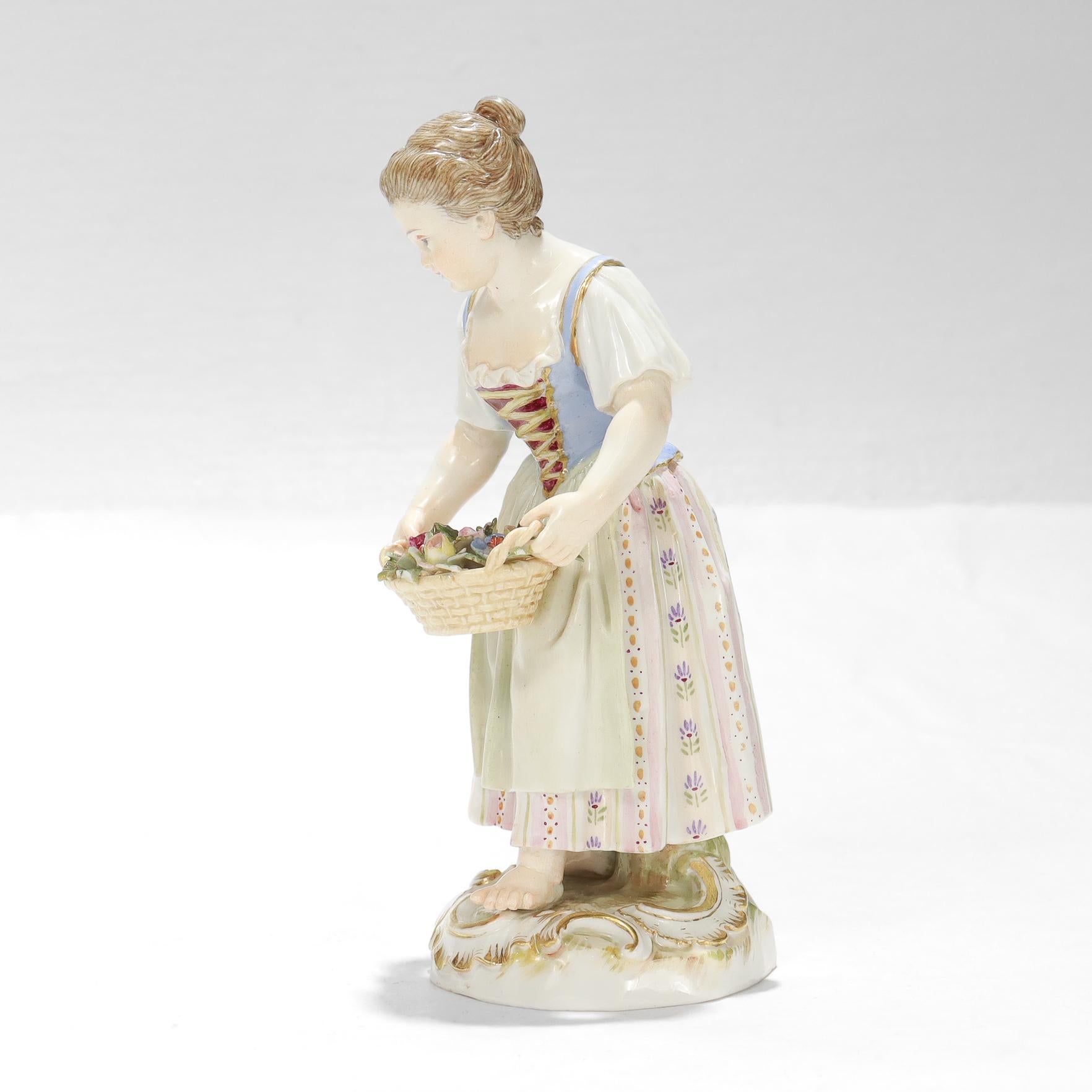 German Antique Meissen Porcelain Figurine of a Girl with Flower Basket For Sale