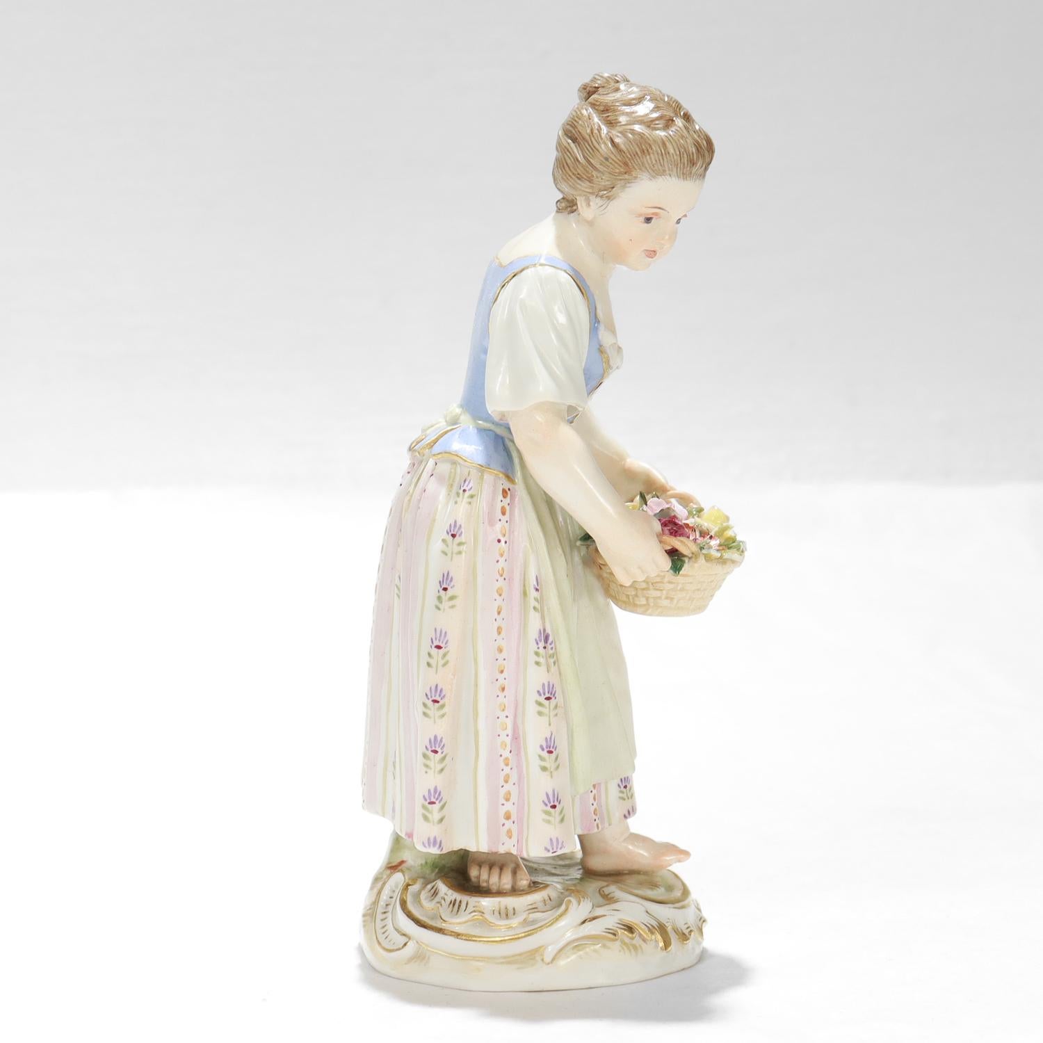 20th Century Antique Meissen Porcelain Figurine of a Girl with Flower Basket For Sale
