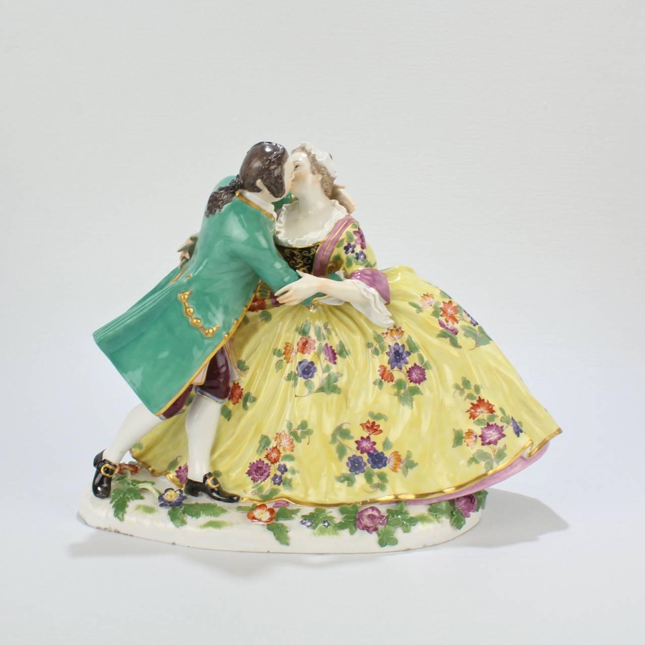 Rococo Antique Meissen Porcelain Figurine of Crinoline Lovers Entitled 