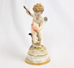 Antique Meissen Porcelain Figurine of Cupid Holding an Arrow & Flaming Heart