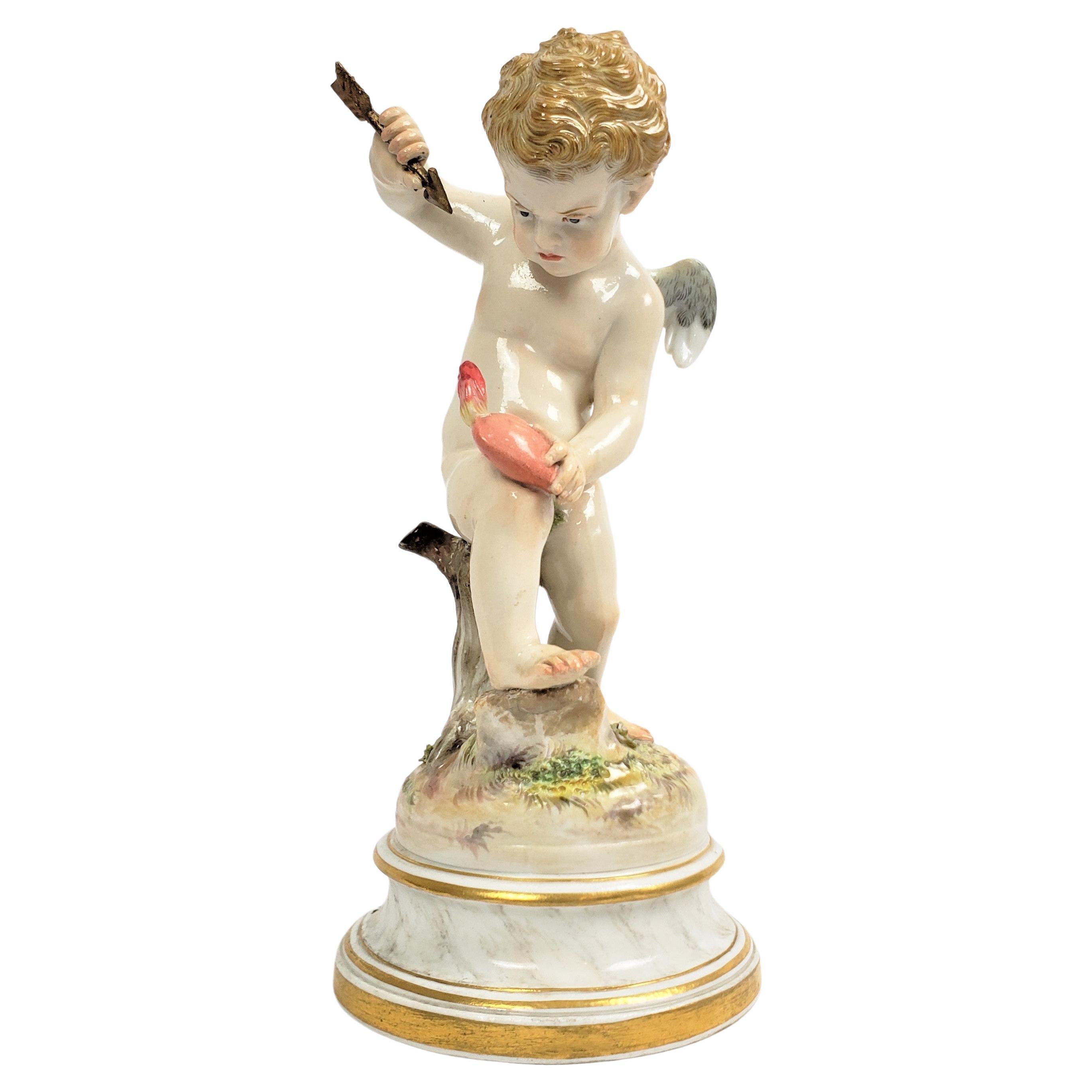 Antique Meissen Porcelain Figurine of Cupid Holding an Arrow & Flaming Heart
