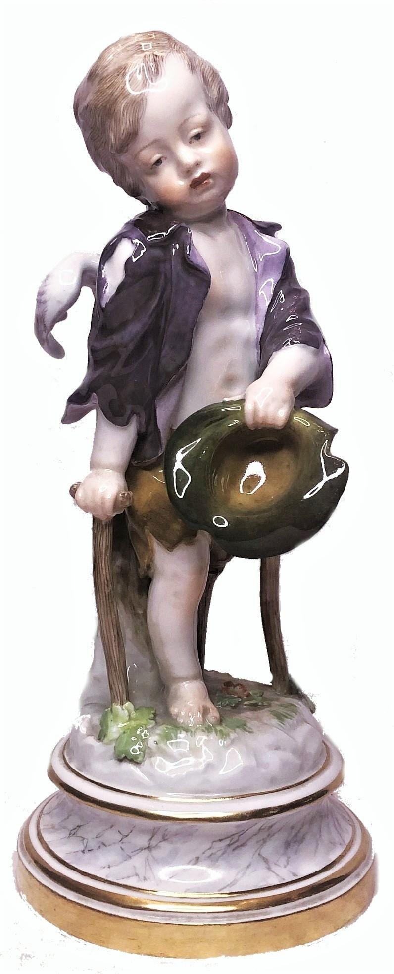 This delicate statuette, amazing in its plot and executed in the best traditions of Meissen, depicts a charming cherub with a sad face expression, who has injured his leg and is leaning on homemade crutches. It evokes in the viewer compassion and a