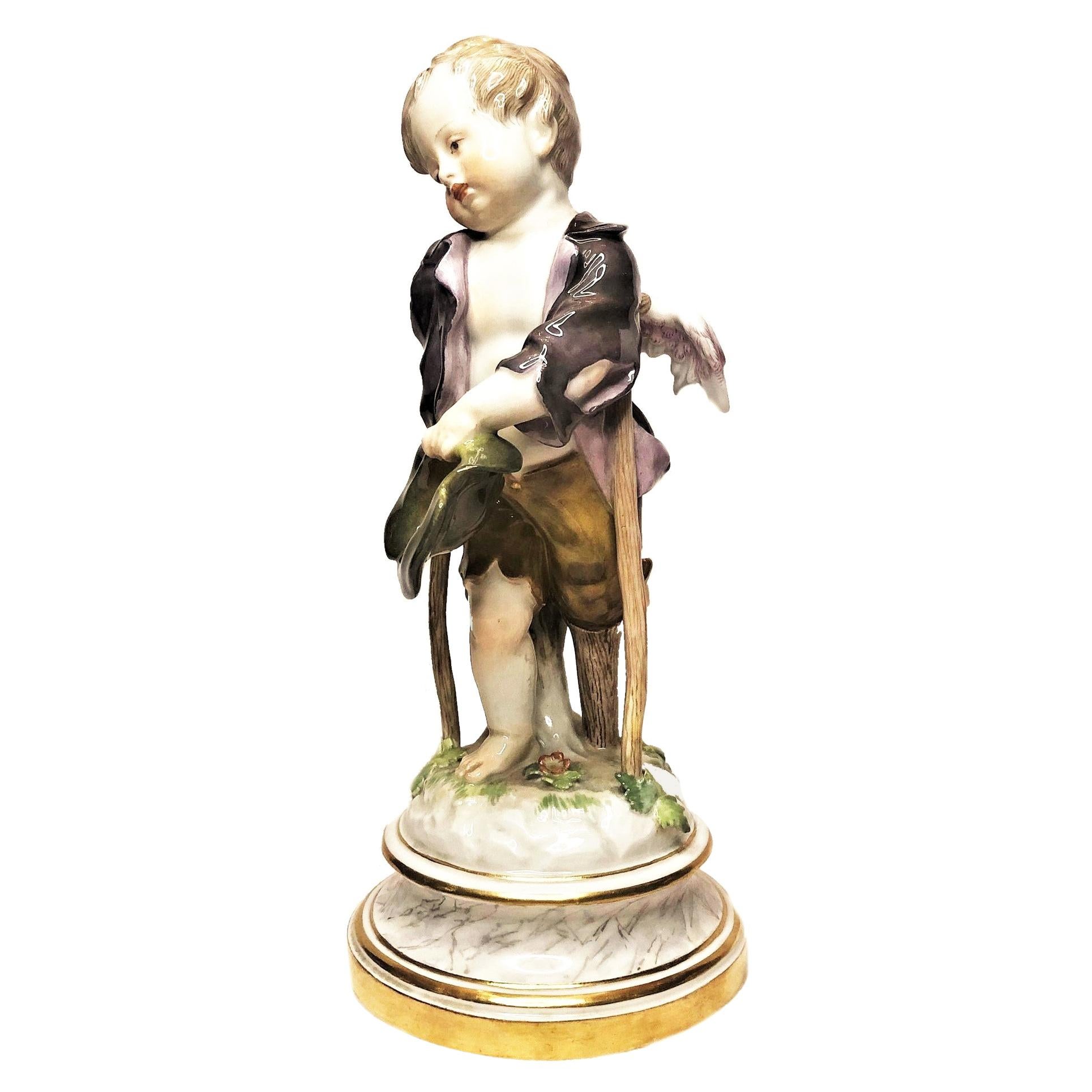 Figurilla antigua de porcelana de Meissen de querubín cojo con muletas, ca. 1880