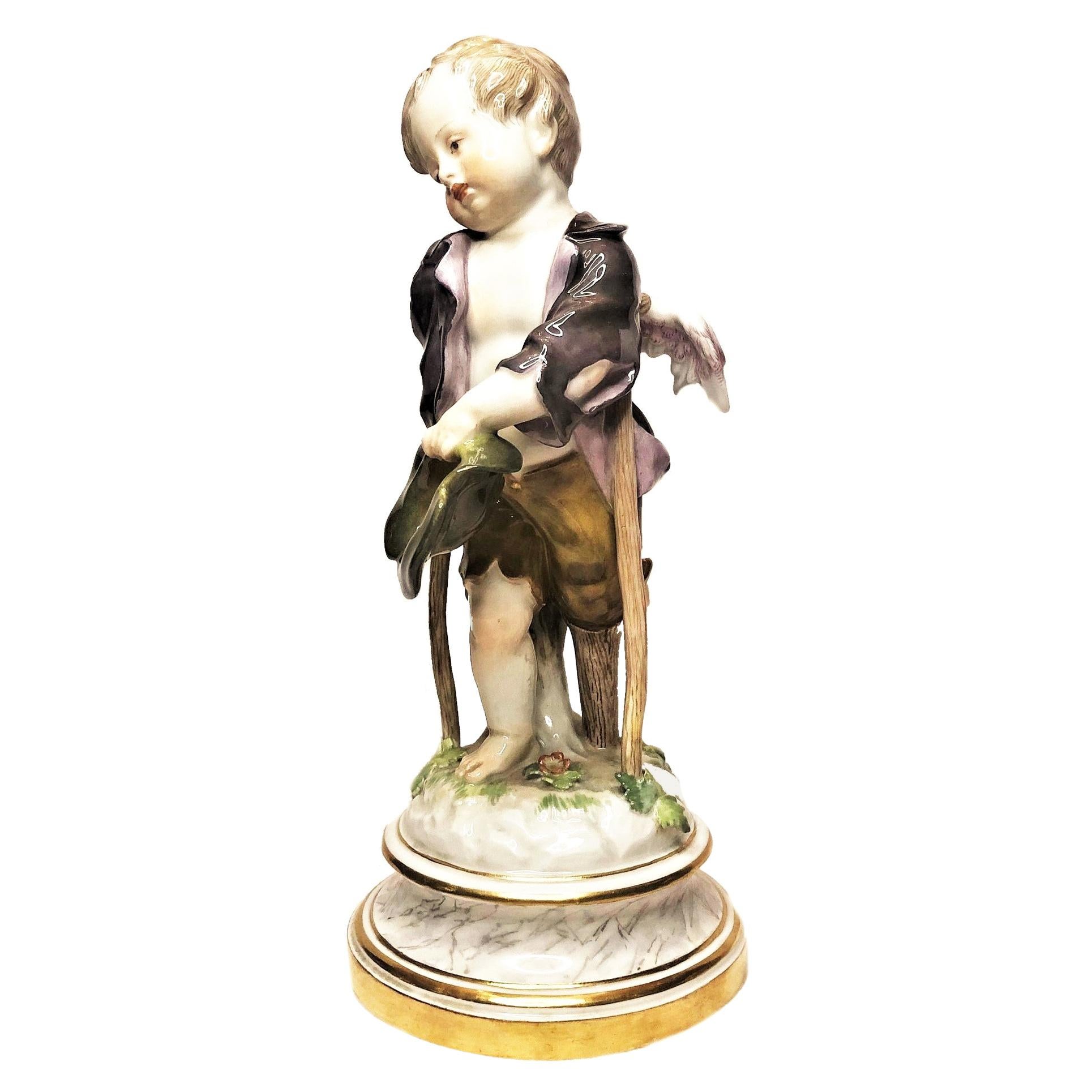 Ancienne figurine en porcelaine de Meissen représentant un chérubin en lamé sur cruches, années 1880 en vente