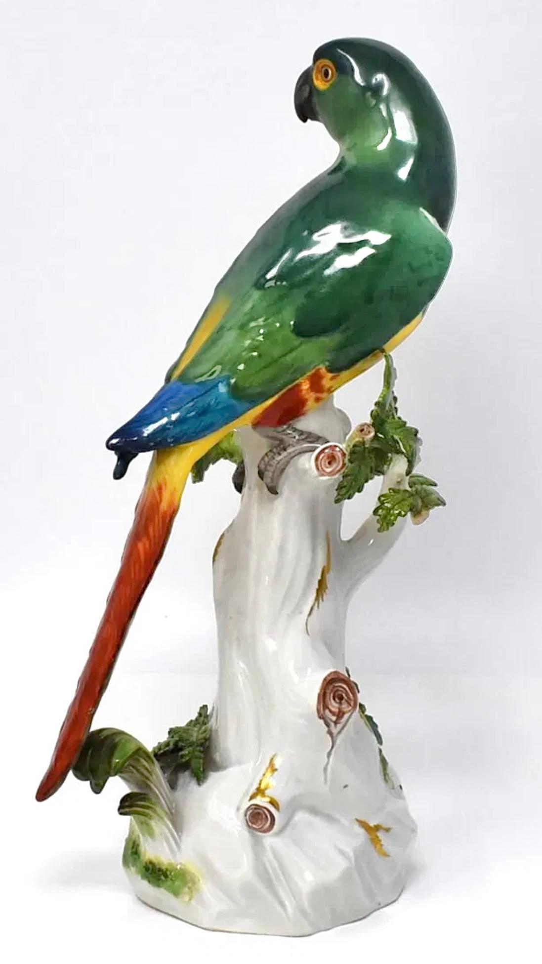 German Antique Meissen Porcelain Figurine of Perched Parrot