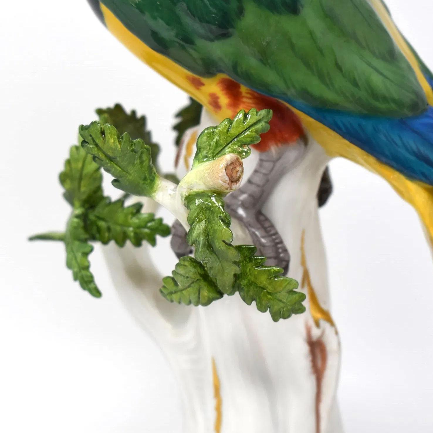 Glazed Antique Meissen Porcelain Figurine of Perched Parrot
