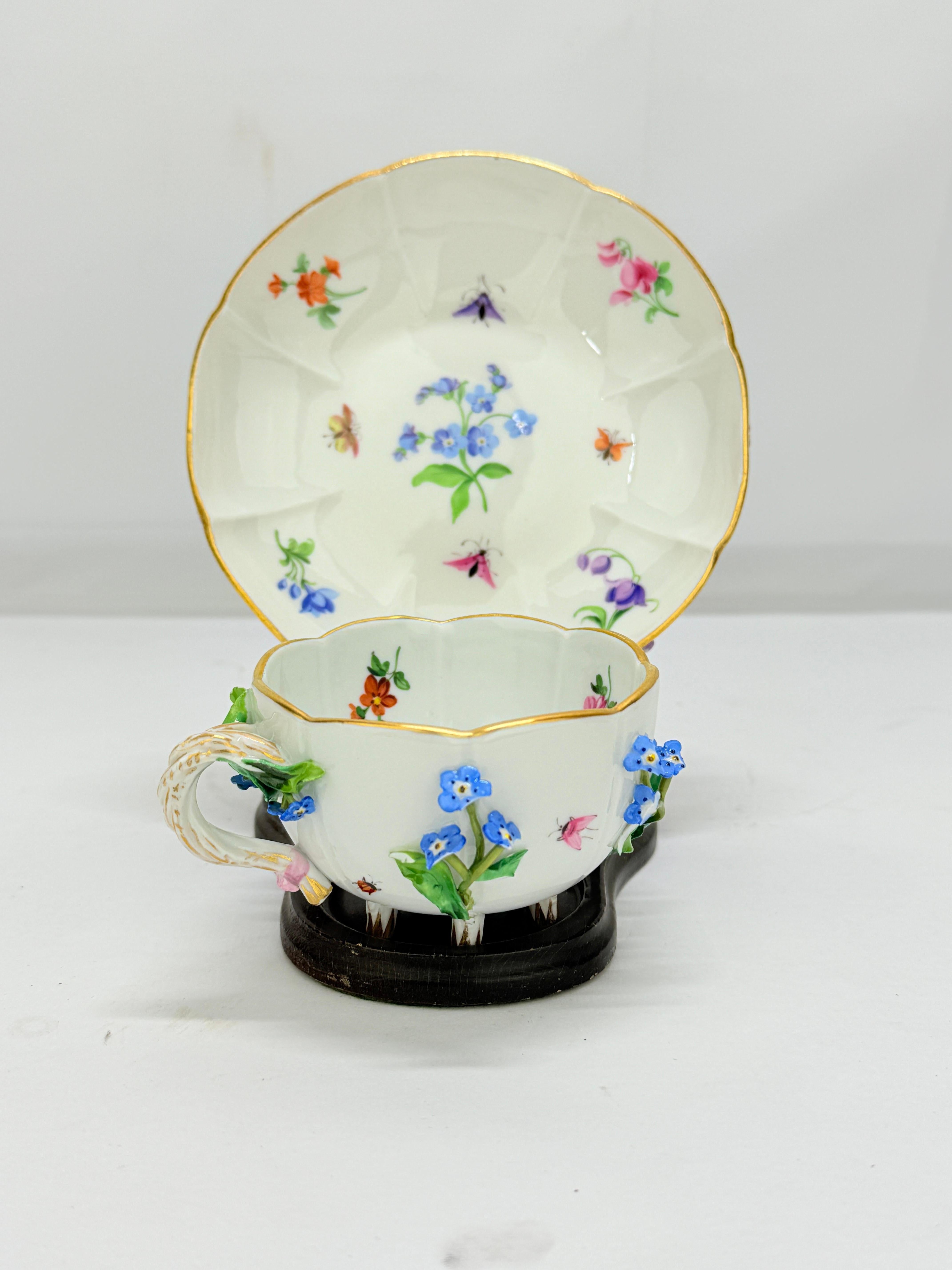 Aesthetic Movement Antique Meissen Porcelain Floral Encrusted Tea Cup & Saucer For Sale