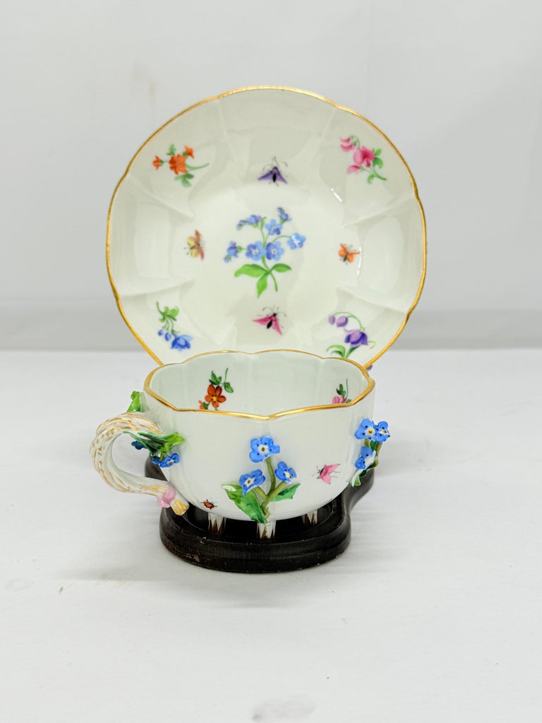 Antique Meissen Porcelain Floral Encrusted Tea Cup and Saucer For