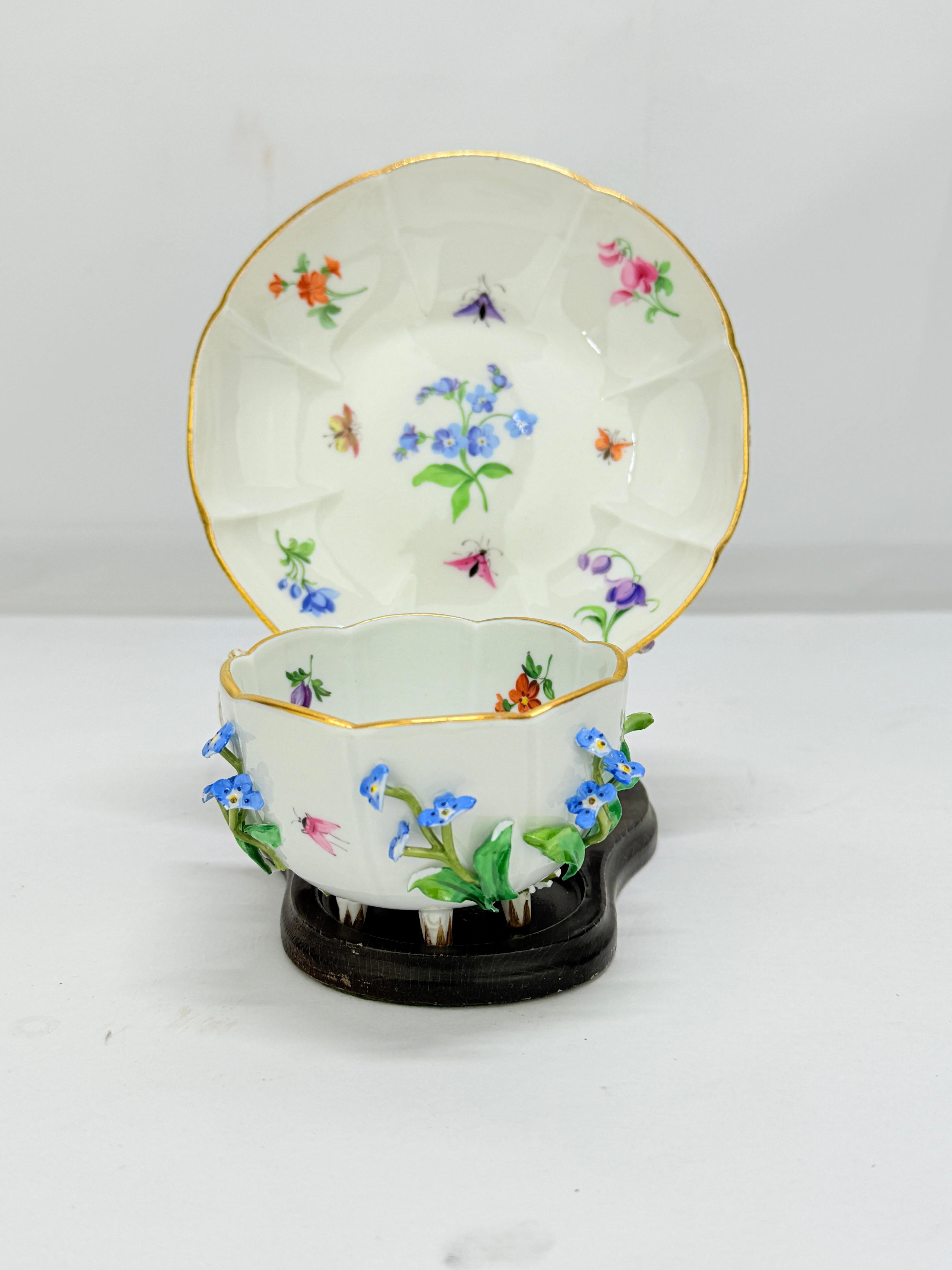 German Antique Meissen Porcelain Floral Encrusted Tea Cup & Saucer For Sale