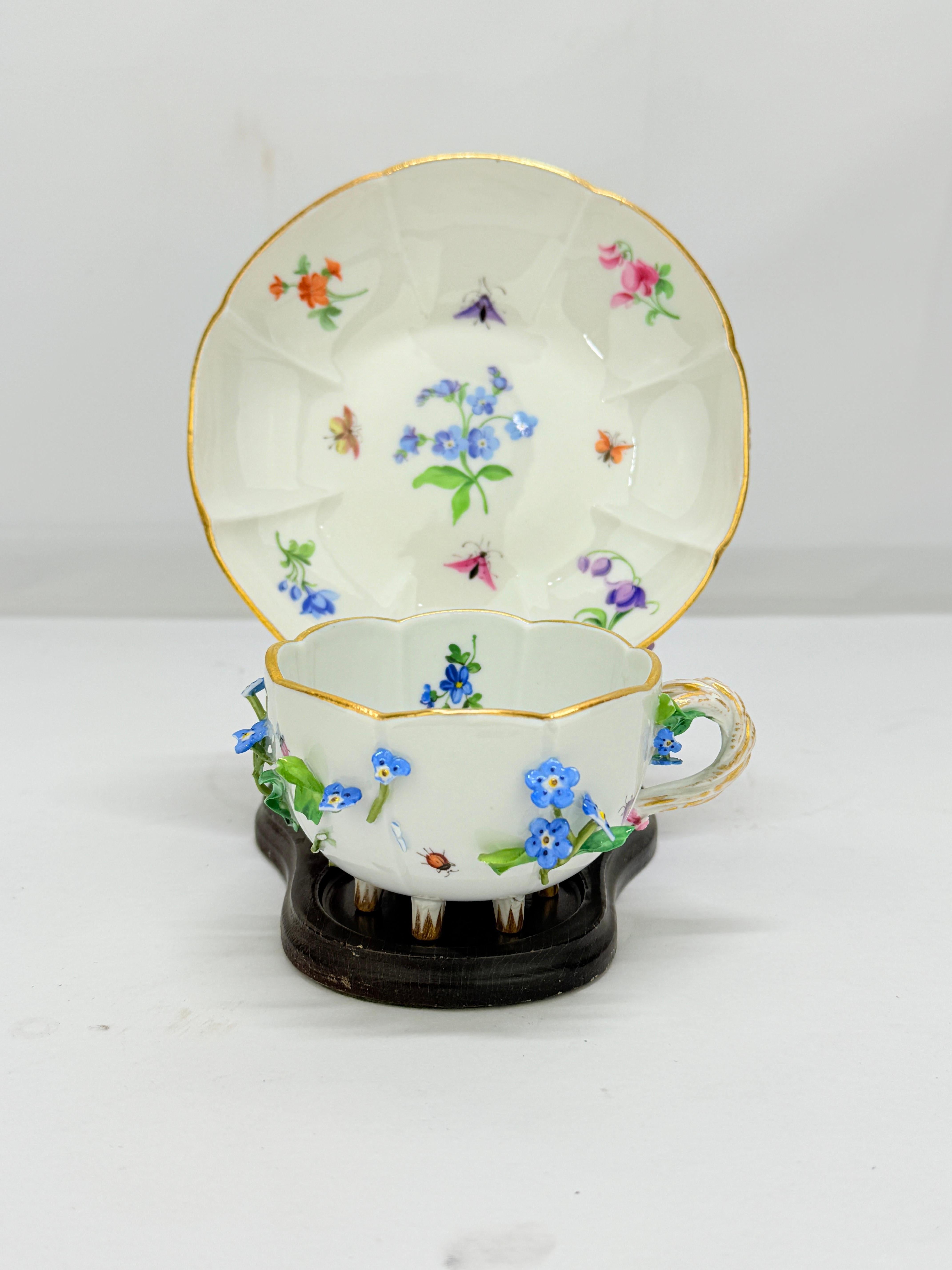 Antique Meissen Porcelain Floral Encrusted Tea Cup & Saucer For Sale 2
