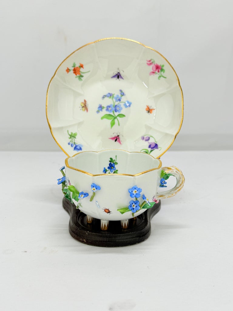Antique Meissen Porcelain Floral Encrusted Tea Cup and Saucer For