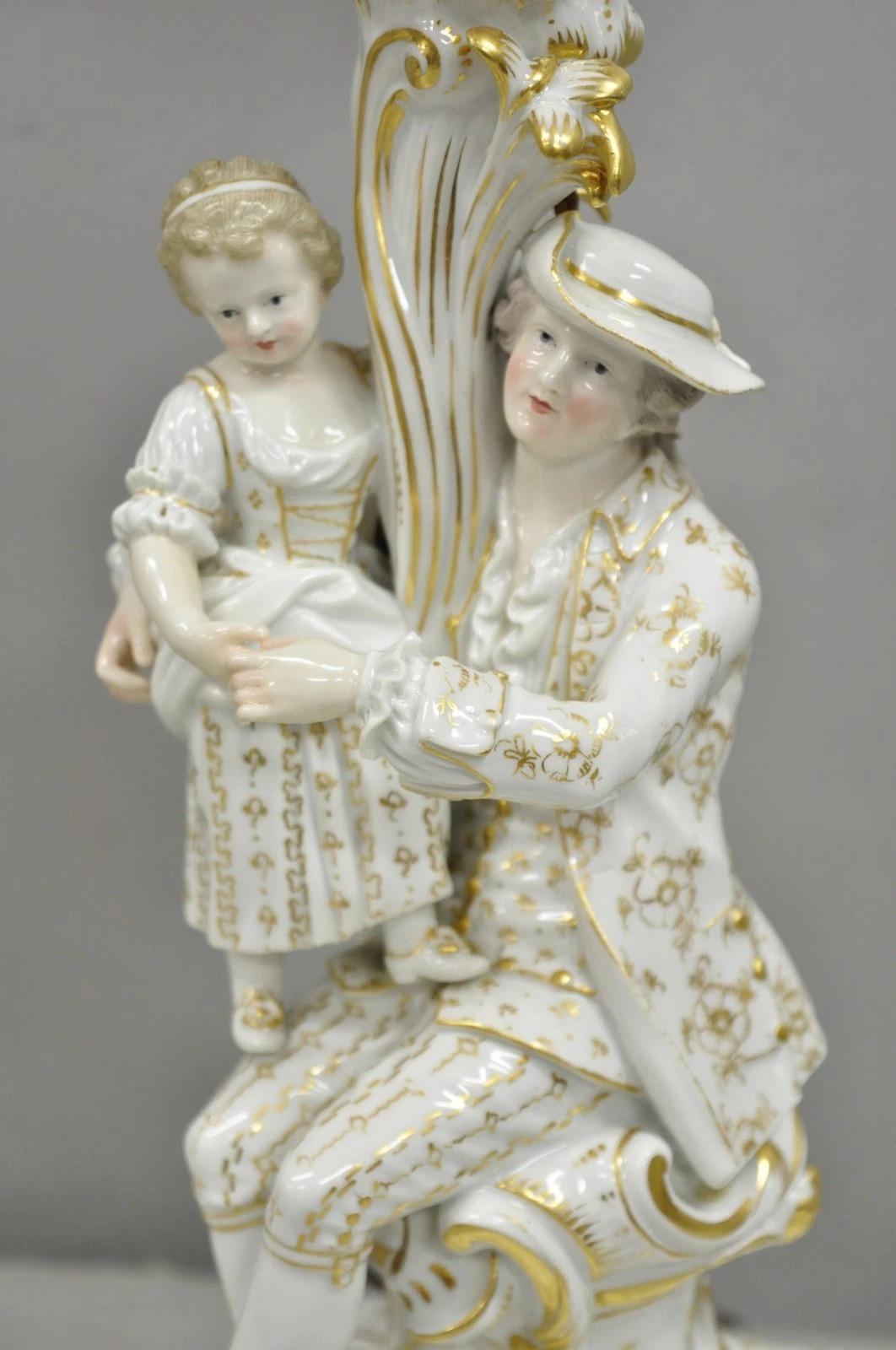Porcelaine Antique Meissen Porcelain German Figural Lighted Candlestick Table Lamps - Pair en vente