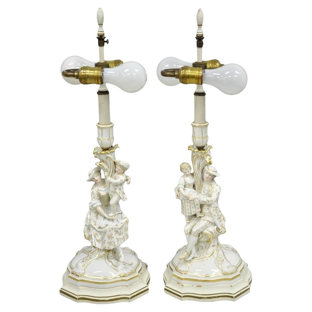 Antique Meissen Porcelain German Figural Lighted Candlestick Table Lamps - Pair en vente