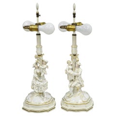 Antique Meissen Porcelain German Figural Lighted Candlestick Table Lamps - Pair