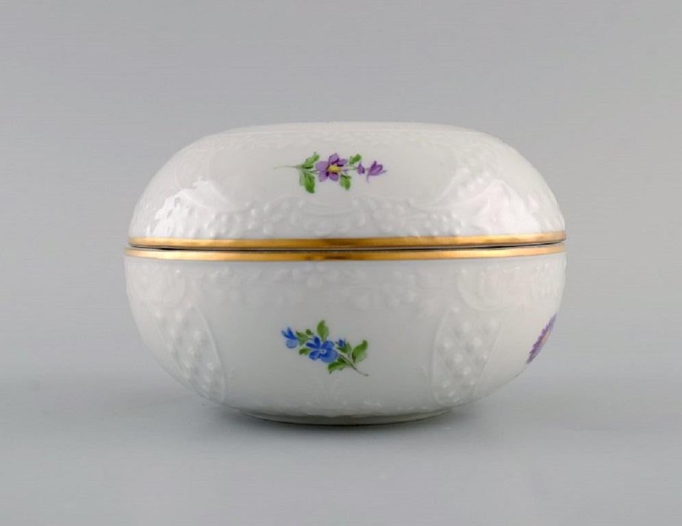 German Antique Meissen Porcelain Lidded Bowl with Hand-Painted Flowers and Gold Edge