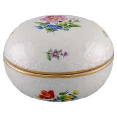Antique Meissen Porcelain Lidded Bowl with Hand-Painted Flowers and Gold Edge