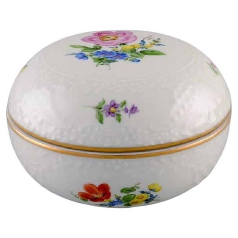 Antique Meissen Porcelain Lidded Bowl with HandPainted Flowers and