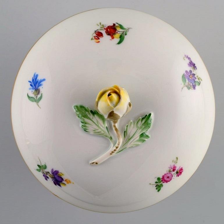 Peint à la main Bol à couvercle ancien en porcelaine de Meissen avec fleurs peintes à la main, vers 1900 en vente