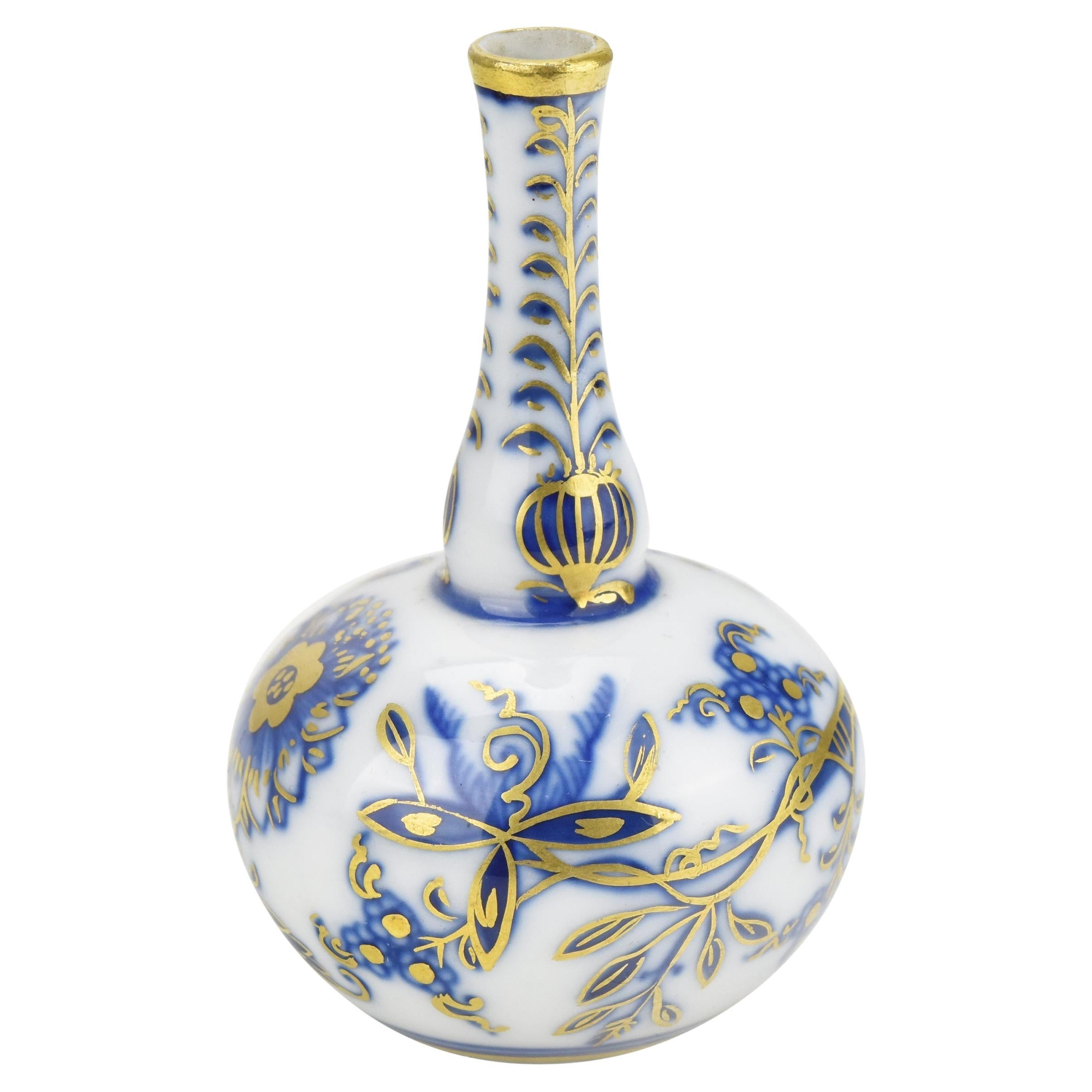 Antique Meissen Porcelain Miniature Vase Handpainted Onion Pattern with Gold For Sale