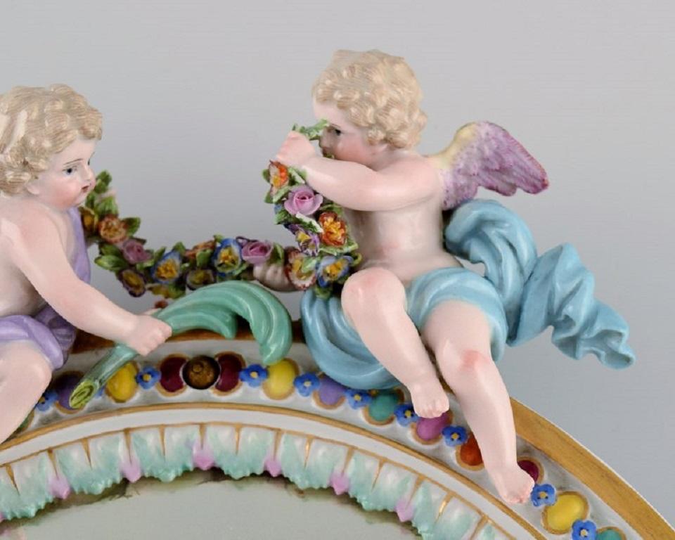 Rococo Revival Antique Meissen Porcelain Mirror with Original Glass. Decorated with Putti