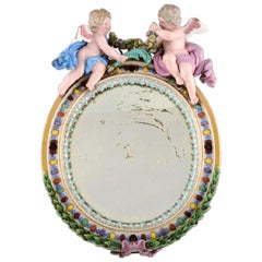 Antique Meissen Porcelain Mirror with Original Glass, Decorated with Putti
