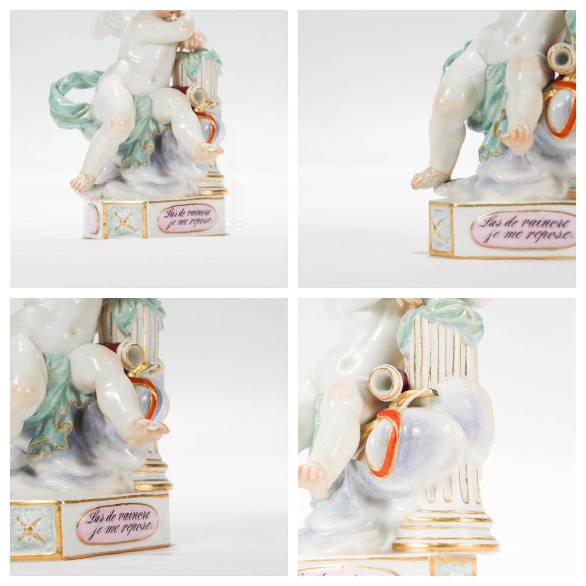 Antiguo Meissen Porcelain Lema Niño / Cupido Figurilla de Sueño o Descanso Modelo F7 en venta 8