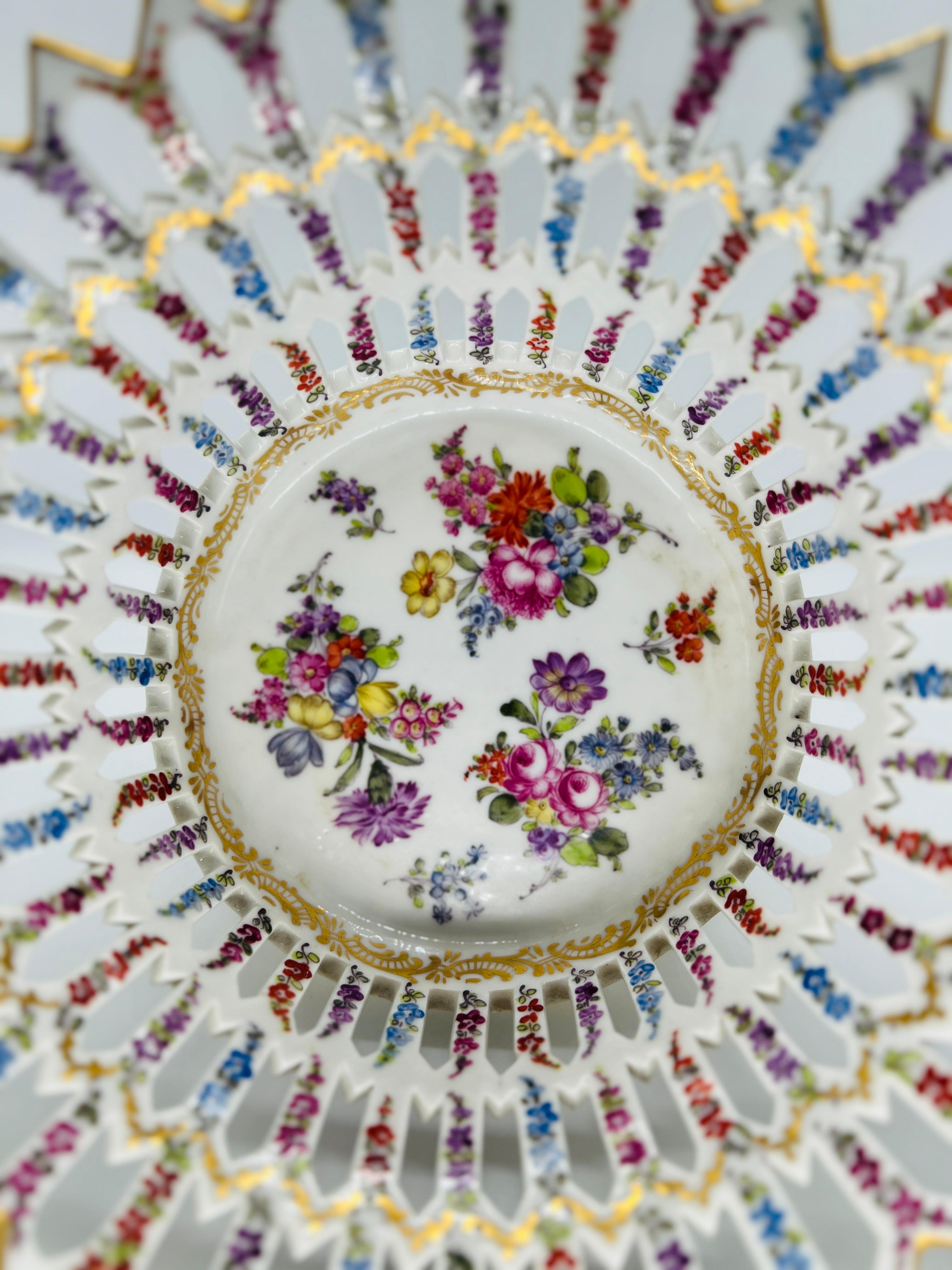 20th Century Antique Meissen Porcelain Pierced Floral Decorated Fruit Basket, C. 1920