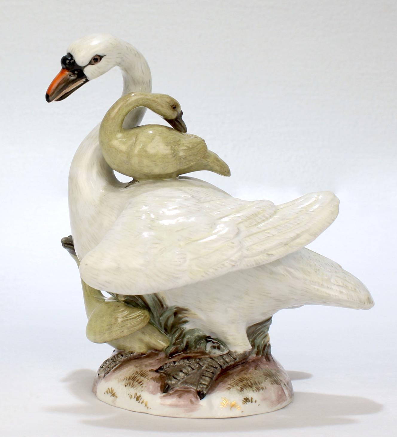 A very fine Meissen figurine.

Modeled as a swan with two cygnets on a naturalistic base.

The swan is white with light green highlights. The cygnets are green.

Simply a great figurine!

Date:
Late 19th or Early 20th Century

Overall