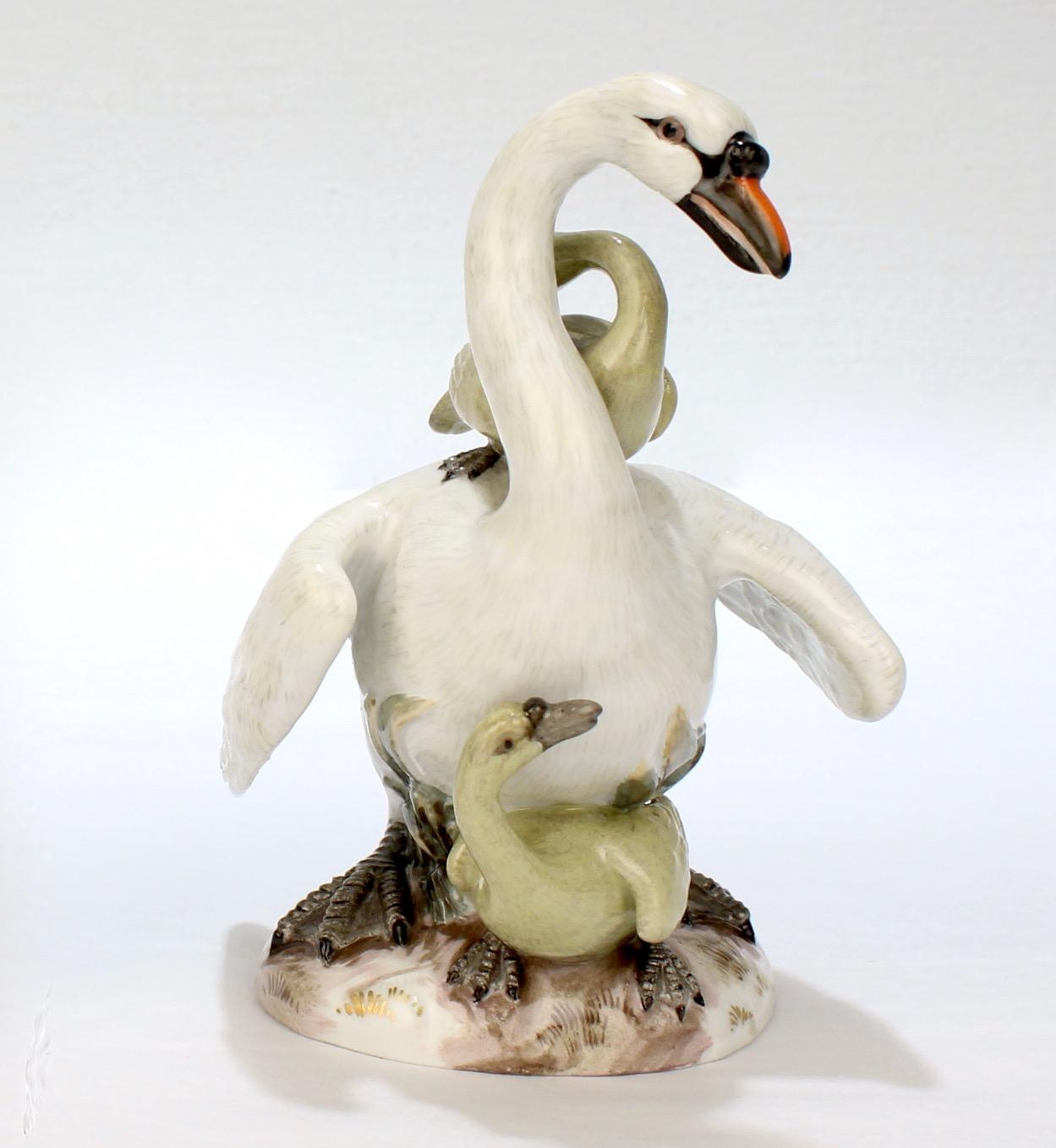 Rococo Antique Meissen Porcelain Swan & Two Cygnets Figurine Model No. 177X