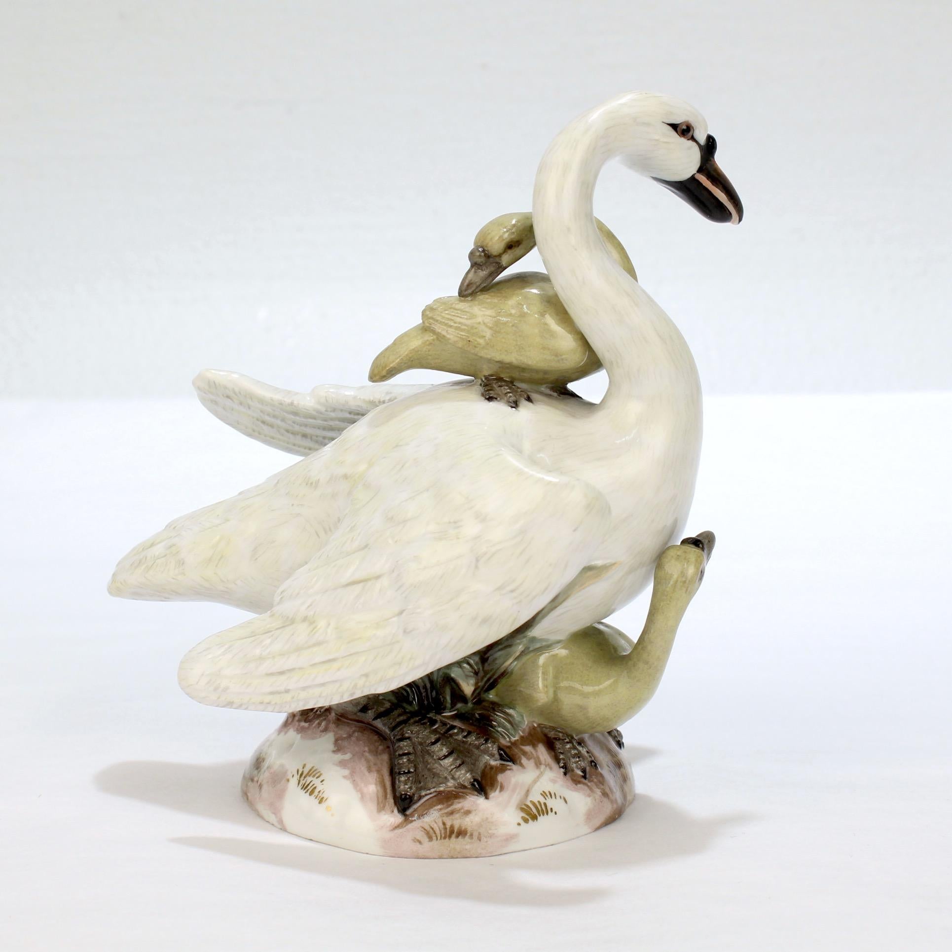German Antique Meissen Porcelain Swan & Two Cygnets Figurine Model No. 177X