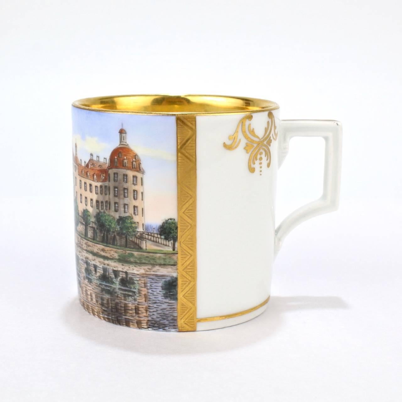 19th Century Antique Meissen Porcelain Topographical Royal Jagdschloss Moritzburg Coffee Cup