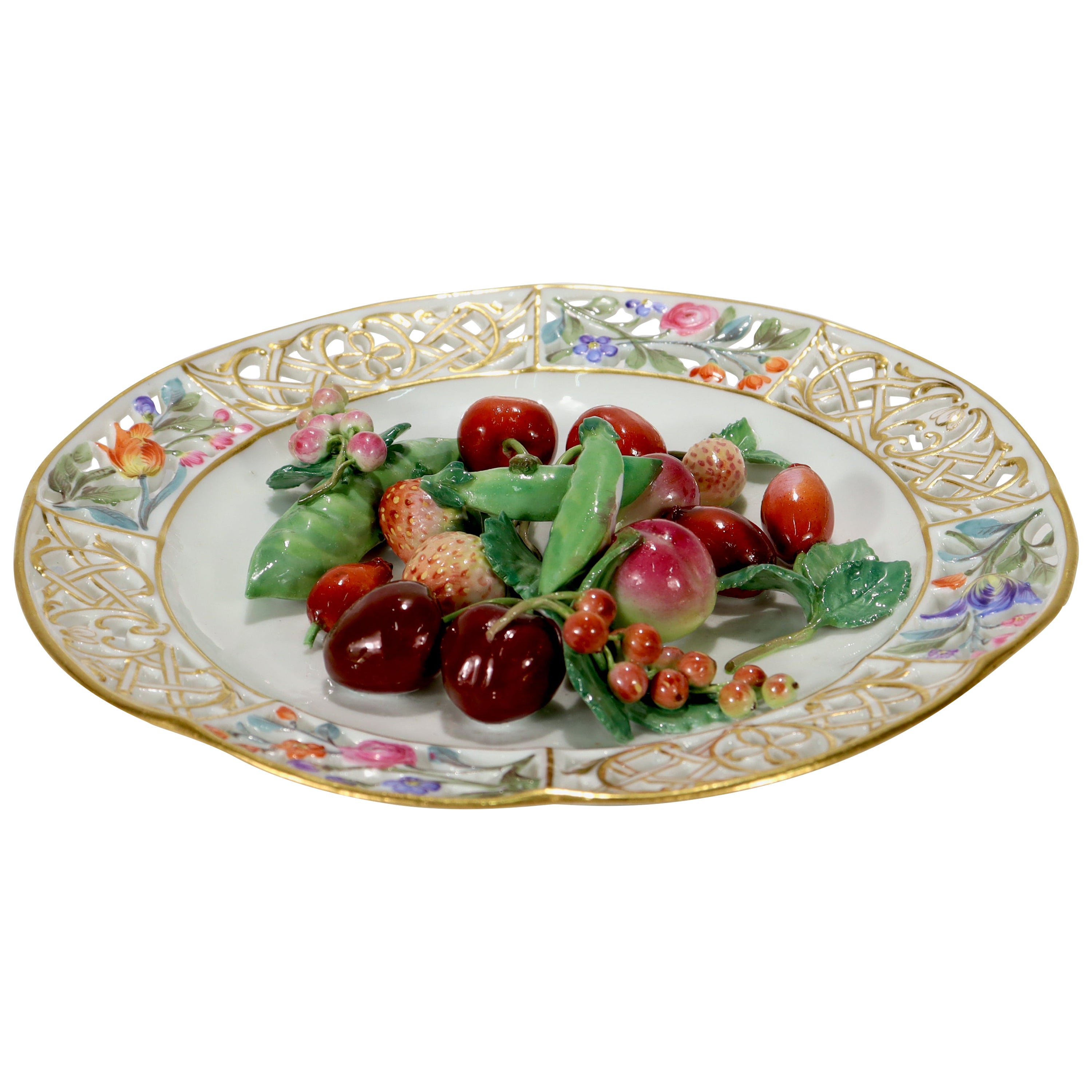 Antique Meissen Porcelain Trompe L
oeil Plate with Fruit 
Vegetables