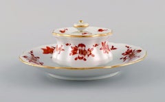 Antique Meissen Red Dragon Inkwell on a Saucer in Hand-Painted Porcelain