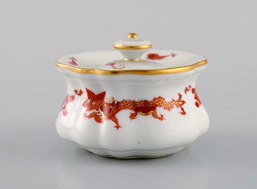 German Antique Meissen Red Dragon Inkwell on a Saucer in Hand-Painted Porcelain