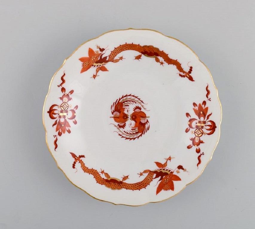 19th Century Antique Meissen Red Dragon Inkwell on a Saucer in Hand-Painted Porcelain