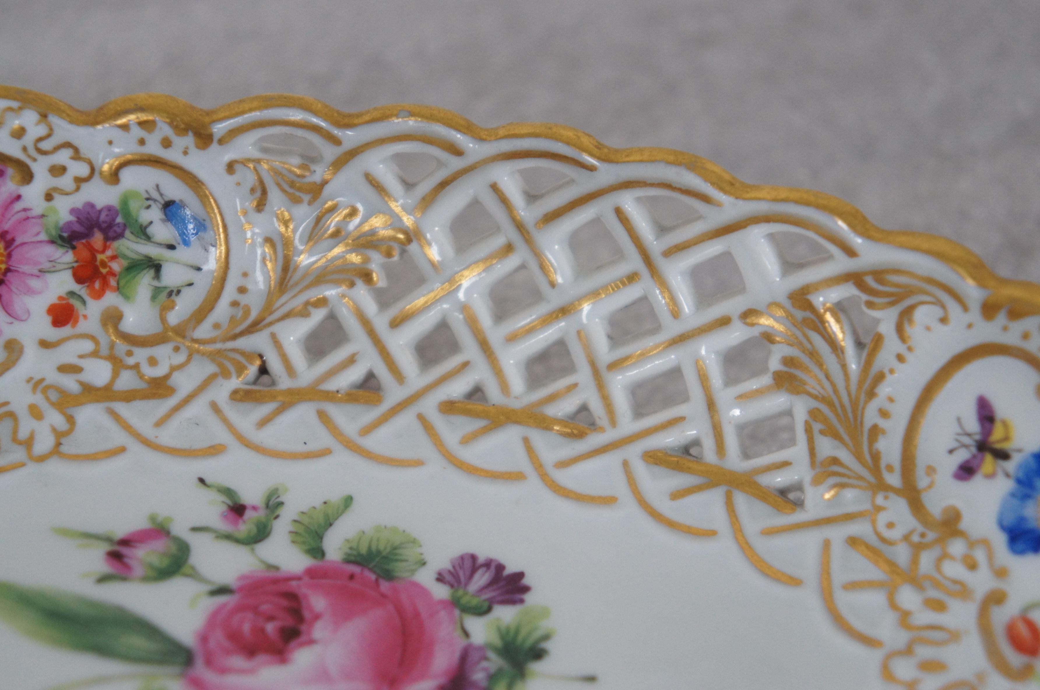 Meissen Reticulated Floral Insect Porcelain Oval Basket Dish 8.5