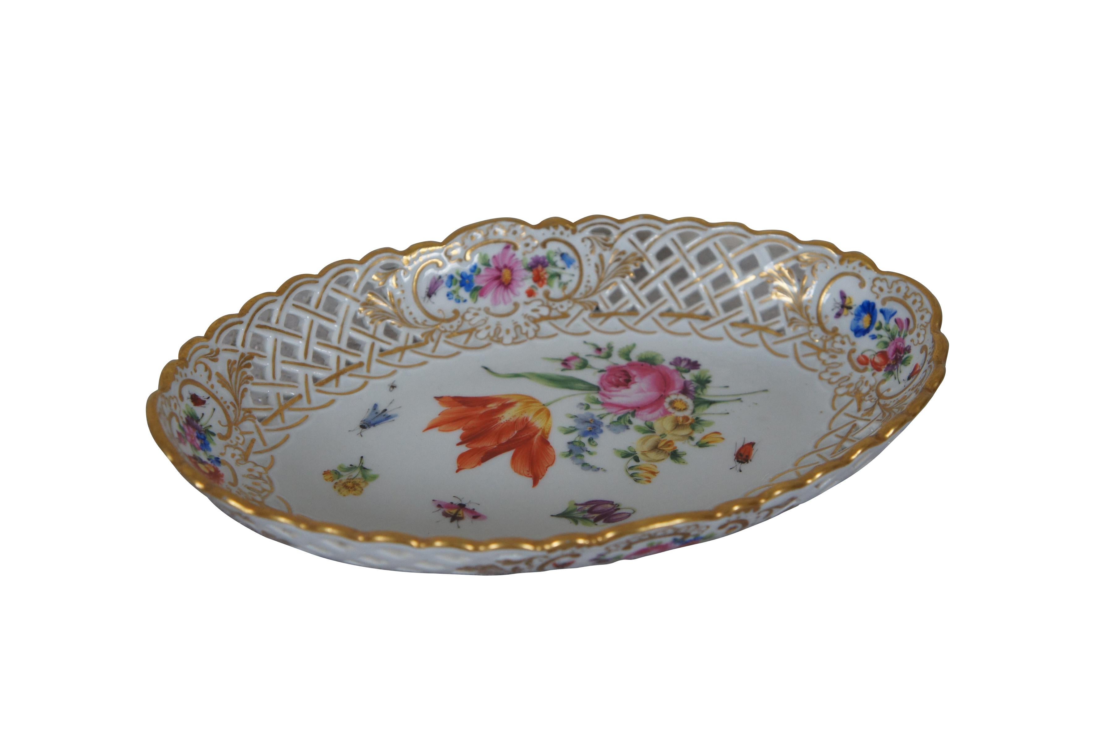 Meissen Reticulated Floral Insect Porcelain Oval Basket Dish 8.5