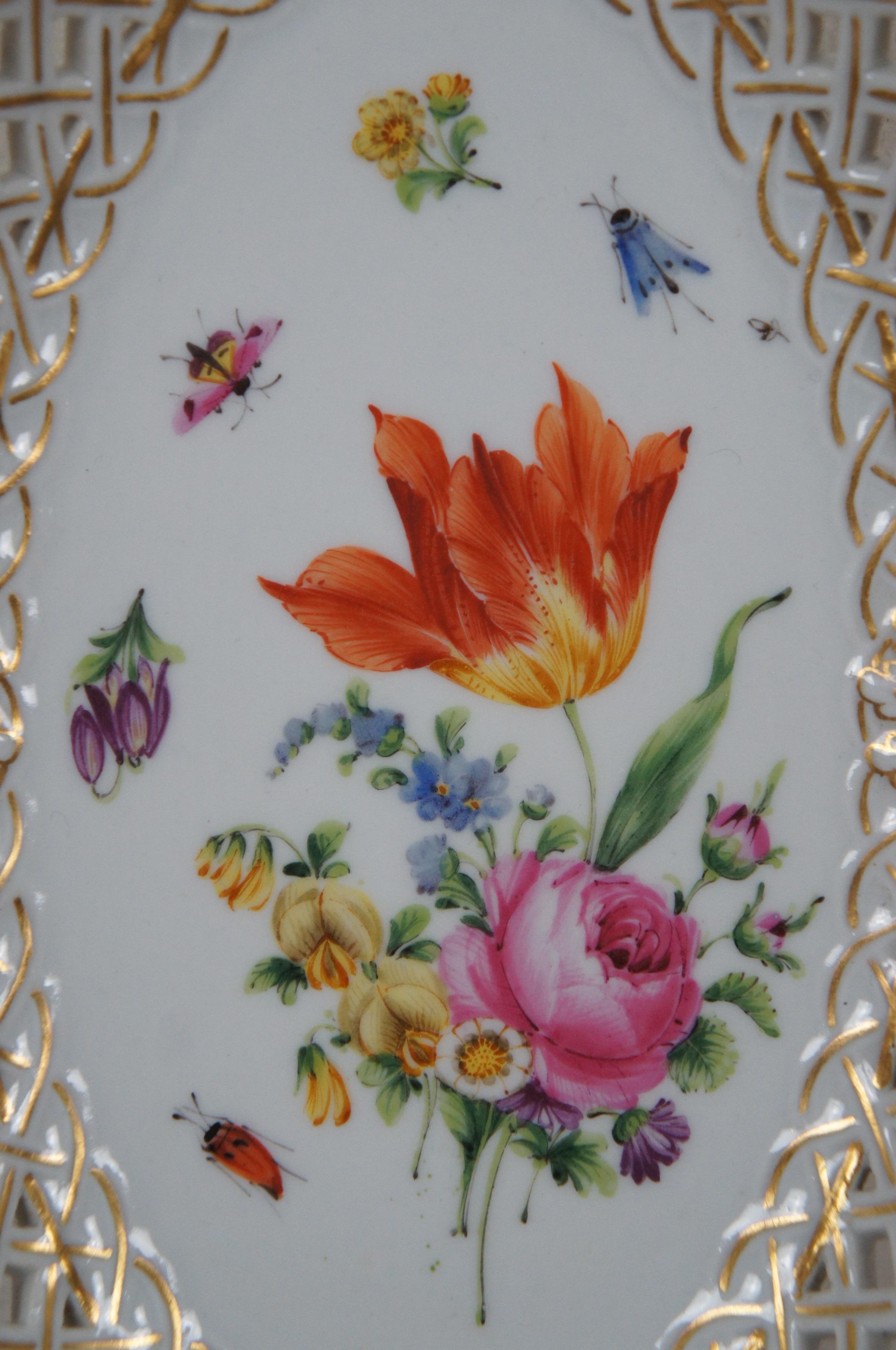 20th Century Meissen Reticulated Floral Insect Porcelain Oval Basket Dish 8.5