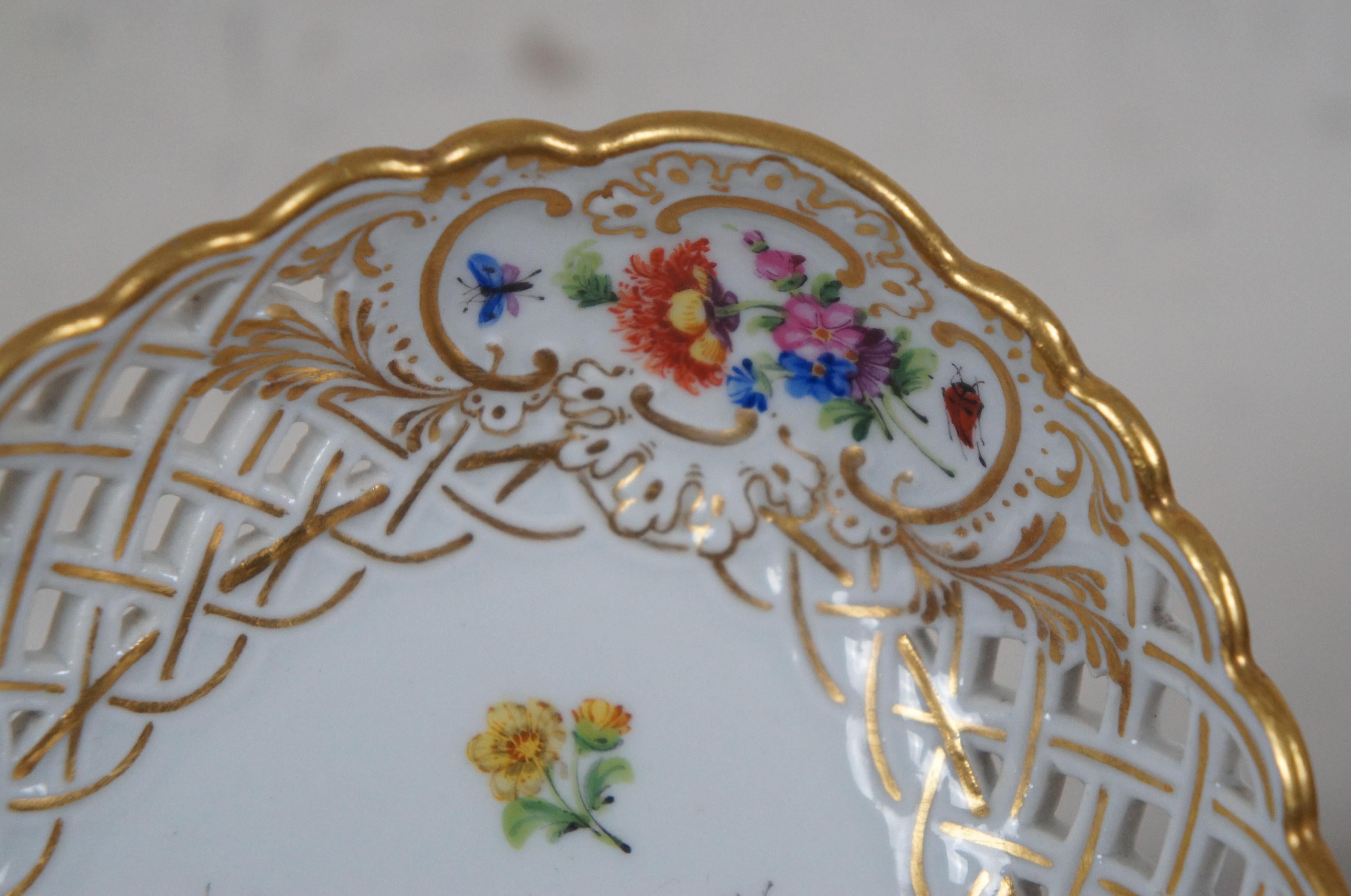 Meissen Reticulated Floral Insect Porcelain Oval Basket Dish 8.5