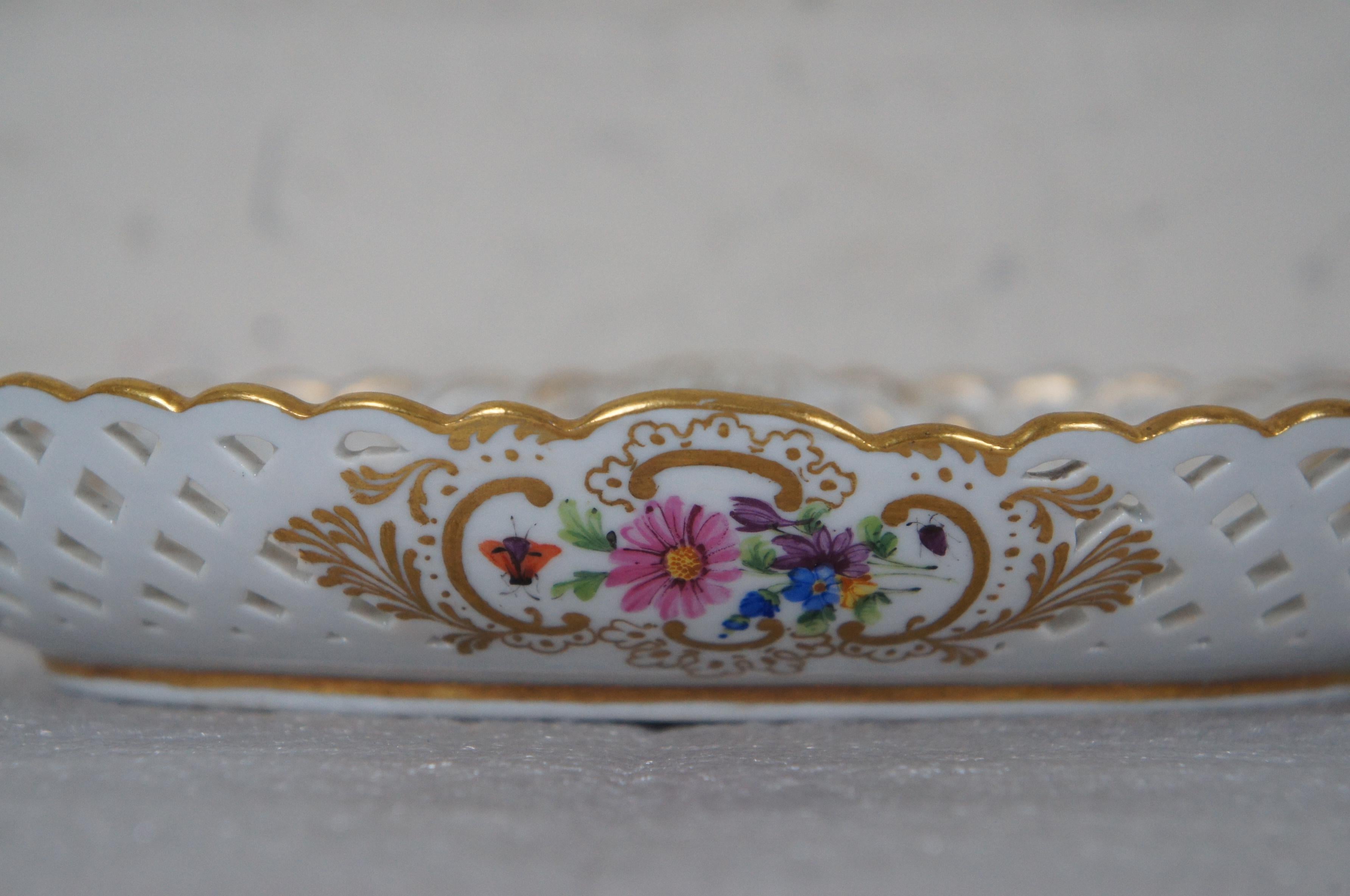 Meissen Reticulated Floral Insect Porcelain Oval Basket Dish 8.5