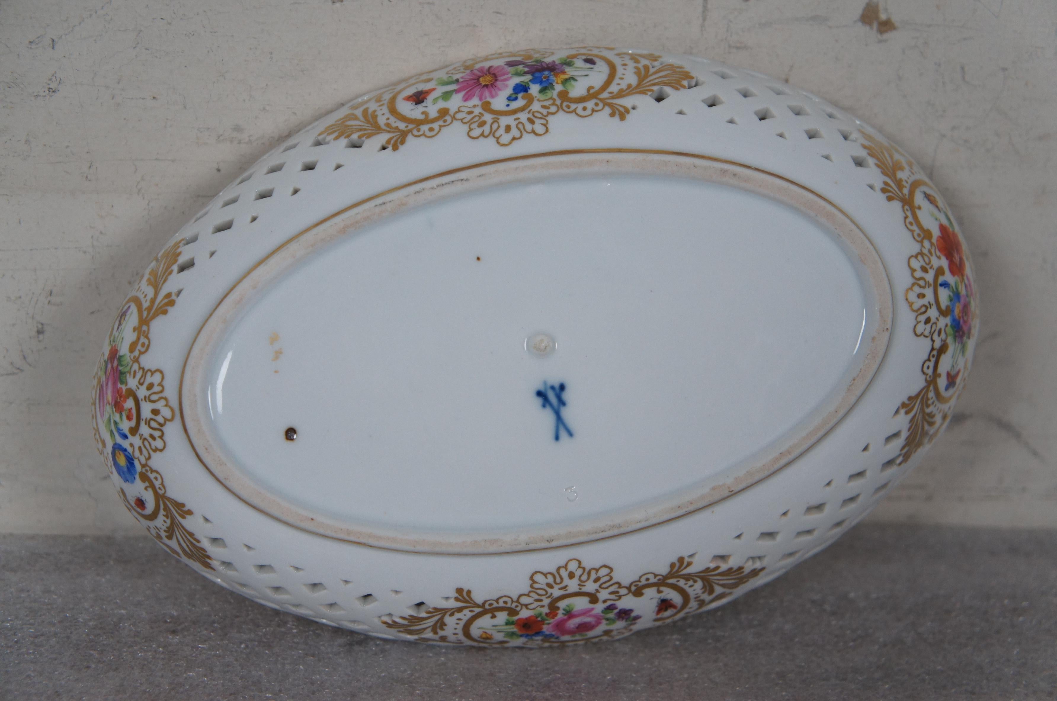 Meissen Reticulated Floral Insect Porcelain Oval Basket Dish 8.5