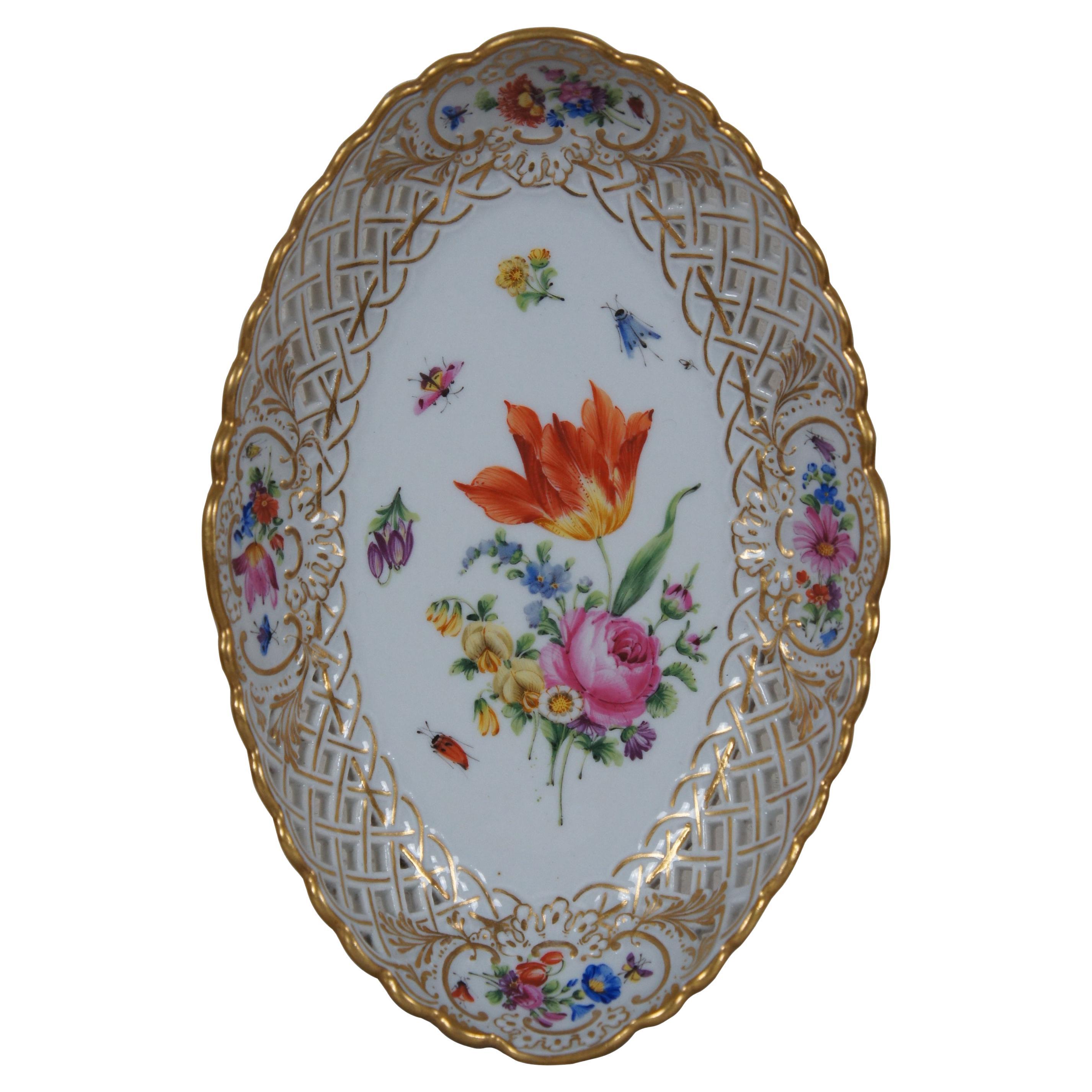 Meissen Reticulated Floral Insect Porcelain Oval Basket Dish 8.5" For Sale