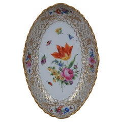 Meissen Reticulated Floral Insect Porcelain Oval Basket Dish 8.5"