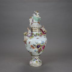 Antique Meissen School Classical Figural & Floral Porcelain Lidded Urn C1880
