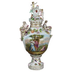 Antique Meissen School Classical Figural & Floral Porcelain Lidded Urn C1880