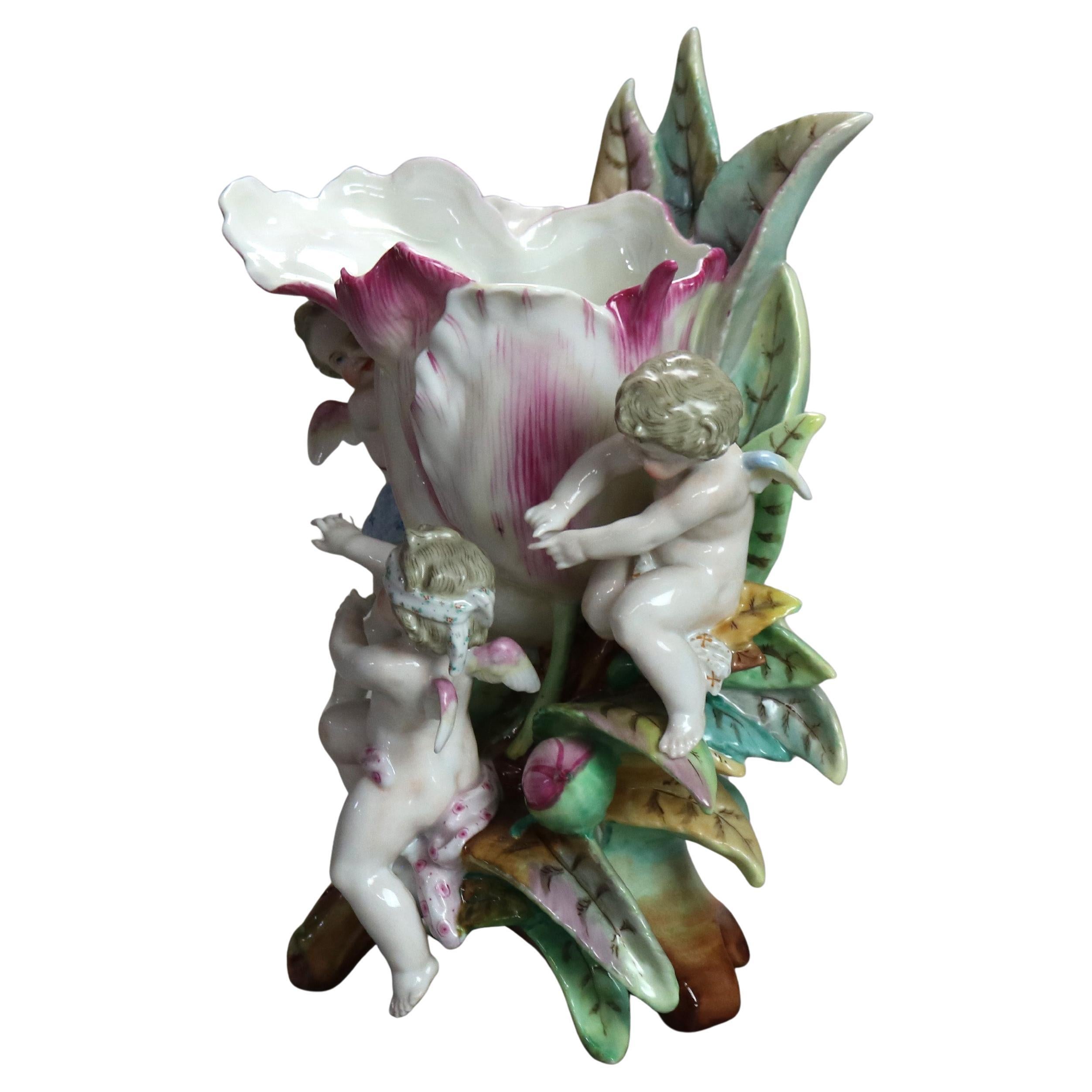 Antique Meissen School Figural Cherub & Flower Porcelain Furstenberg Vase, Marked K.P.M., C1910

Measures - 11